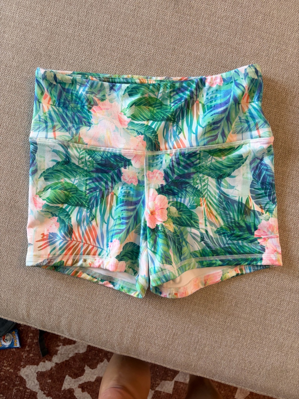 Fleo Tropical Floral High-Waist Athletic Shorts - Pink & Green